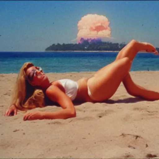 Image similar to pretty woman sunbathing on the beach with a nuclear explosion in the background