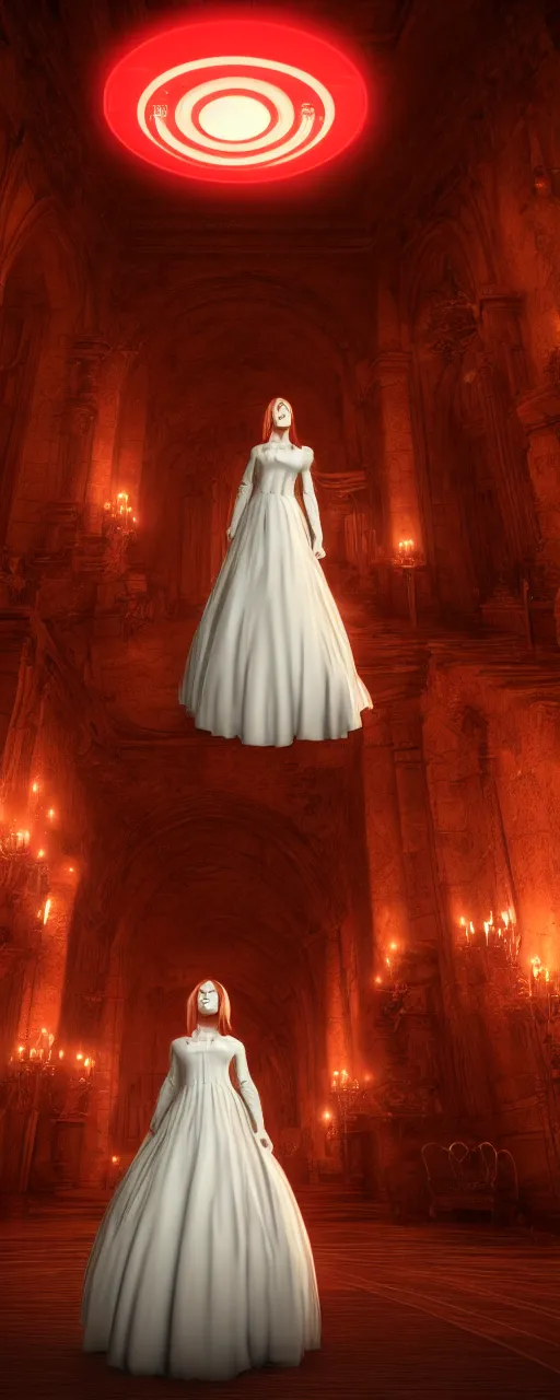 Image similar to woman with red hair and white gown stands in the middle of the castle room emitting a red light. Octane Render, Unreal engine, Realism, Detailed, 8k, V-Ray