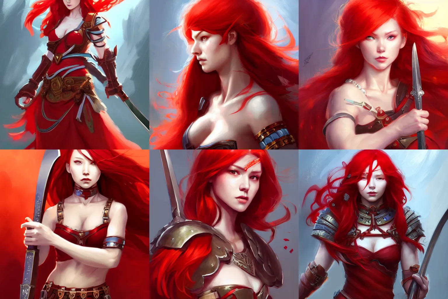 Prompt: concept art of a beautiful warrior woman with red hair, wearing red clothing, holding a sword | | cute - fine - face, beautiful face, fine details by stanley artgerm lau, wlop, rossdraws, james jean, andrei riabovitchev, marc simonetti, and sakimichan, trending on artstation