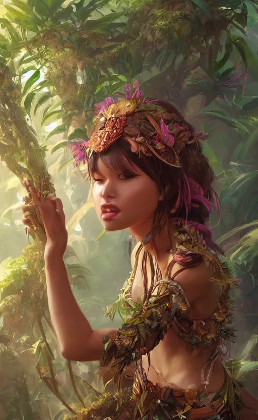 Prompt: An beautiful digital painting of an jungle princess, by Stanley Artgerm Lau, WLOP, Rossdraws, James Jean, Andrei Riabovitchev, Marc Simonetti, and Sakimichan, trending on artstation, SFW version