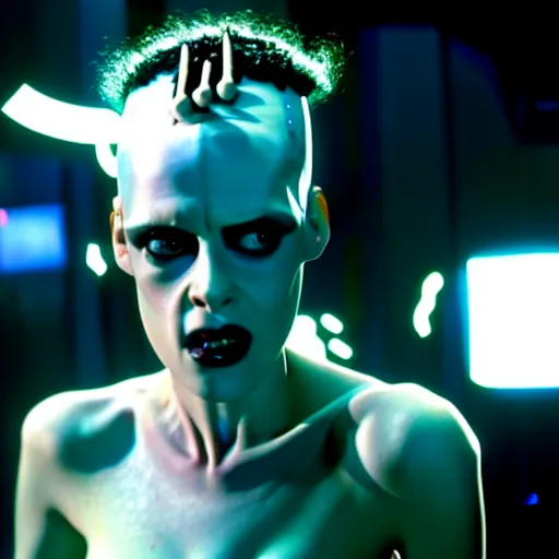 Image similar to cinematic portrait of kristen mcmenamy as bride of frankenstein as a replicant in a busy nightclub, frightened and angry, still from the movie ex machina, fashion photography, a sign is in the background, 8 k, high detail, face in focus