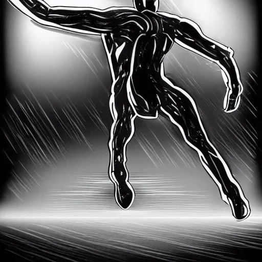 Prompt: a simple black and white pencil storyboard of a giant humanoid athletic sleek futuristic humanoid android powering up as small floating particles swirl around it, action lines