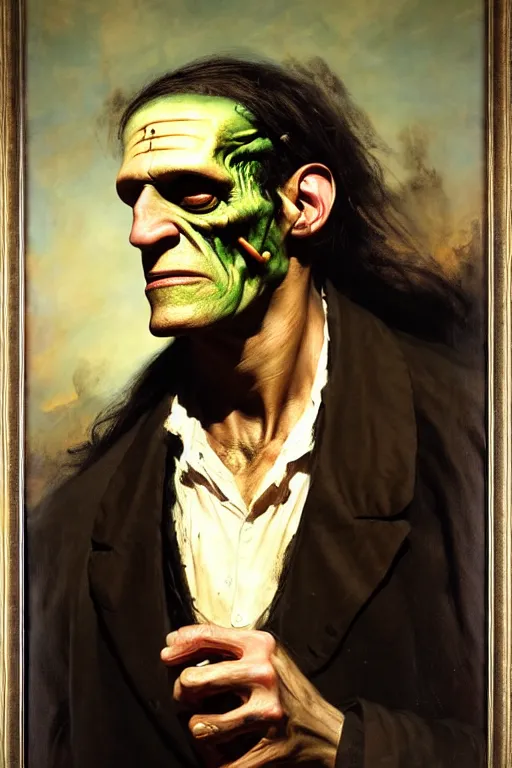 Image similar to photograph imax and solomon joseph solomon and richard schmid and jeremy lipking victorian loose genre loose painting full length portrait painting of frankenstein