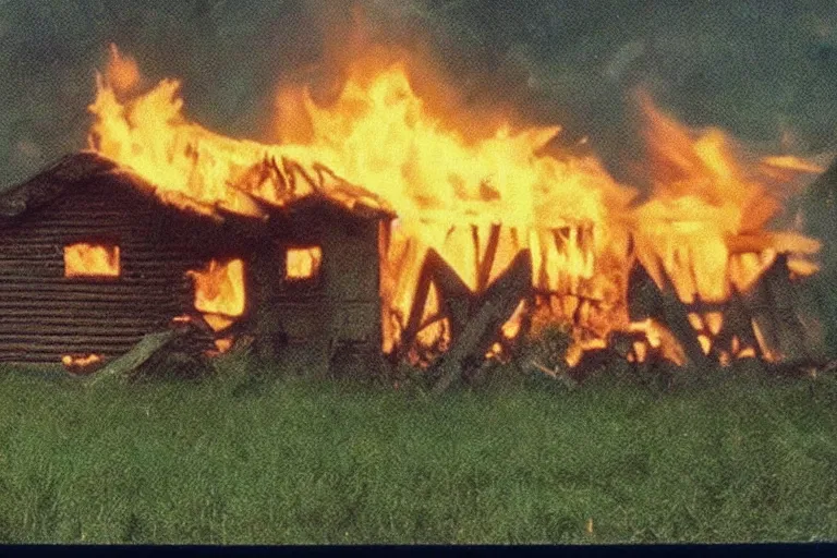 Image similar to vhs 1 9 8 0 s footage of a scene from the movie midsommar a - line shaped wooden building on fire, field of flowers