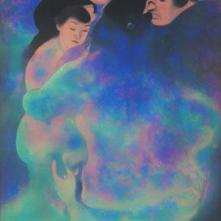 Image similar to close portrait of woman and man kissing. aurora borealis. iridescent, psychedelic lapis - lazuli, turquoise colors. painting by salvador dali, agnes pelton, utamaro, monet