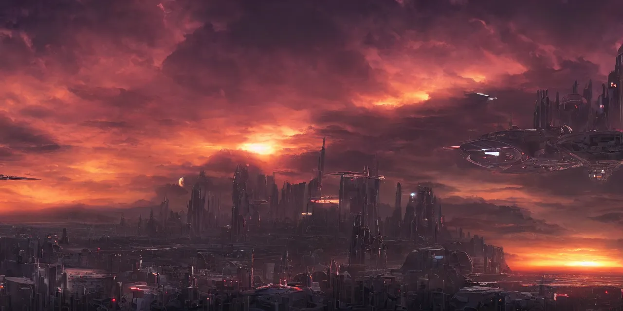 Image similar to sifi - ci city sunset, planets in the sky by dylan cole, matte painting with high detail, ground level, sci - fi star wars megacity with dramatic lighting and dramatic sky, 4 k, cinematic cinematography.