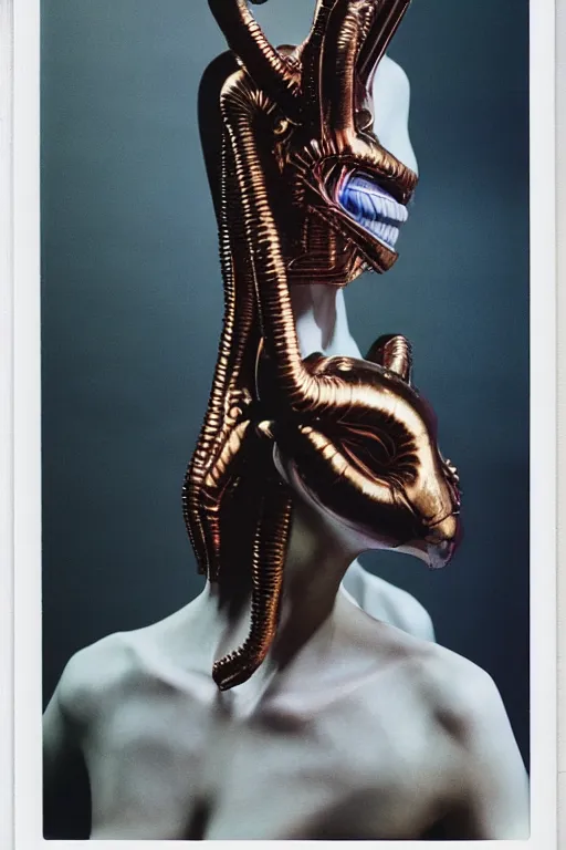 Image similar to instax still frame of Faceless Void from Alien and Prometheus by Guo Jian and Yue Minjun featured in Vogue editorial fashion photography, haute couture dressed by Givenchy and Salvatore Ferragamo painted by Andrea Pozzo, in lush metal and porcelain by