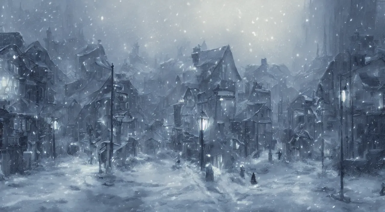 Image similar to The Melancholic Village in a Blizzard, Anime concept art by Makoto Shinkai