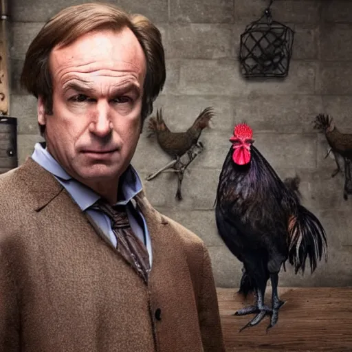 Image similar to saul goodman and a rooster in a medieval torture chamber, saw blades and knives in the background, horror movie, saul goodman!!!!!, rooster!!!!, real life photo, detailed face