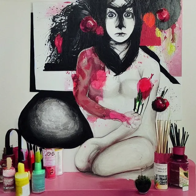 Image similar to “ a portrait in a female art student ’ s apartment, sensual, a pig theme, art supplies, paint tubes, ikebana, herbs, a candle dripping white wax, black walls, squashed berries, berry juice drips, acrylic and spray paint and oilstick on canvas, surrealism, neoexpressionism ”