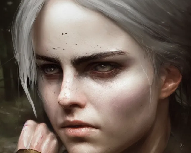 Image similar to 5 5 mm portrait photo of a real life tough looking battle hardened ciri with a thin face and a large scar across her left cheek, in a magical forest. dark atmosphere. art by greg rutkowski. highly detailed 8 k. intricate. lifelike. soft light. nikon d 8 5 0.