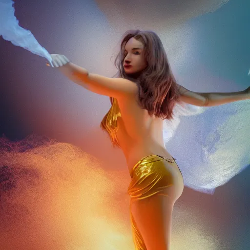 Prompt: artistic highly stylized octane render by geoff johns and joe jusko and thomas kinkade and weta digital, a woman wrapped in a cloud of colorful smoke, walking across a reflective pool of silver liquid at sunset, cinema 4 d, 4 k, volumetric lighting, ray traced lighting, houdini render, ultra - detailed