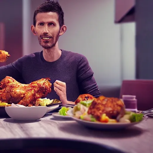 Image similar to a very skinny man feasting on chicken drumsticks, octane render, unreal engine