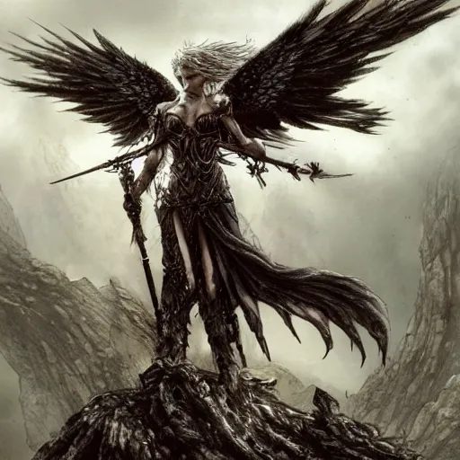 Prompt: a valkyrie standing triumphantly atop a pile of bones by luis royo, epic fantasy, soft details, illustration, album cover, HD, trending on artstation, intricate