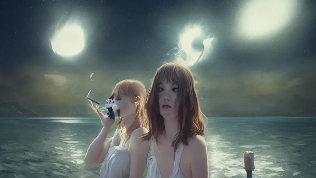 Image similar to whimsical, beautiful playful women, wearing professional makeup, standing in a lake, blowing smoke, under the stars, with a binary black hole with a ring in the sky, by Studio Ghibli, by Greg Rutkowski, by Steve Argyle, face enhance, volumetric lighting, 4k resolution, octane render, trending on artstation