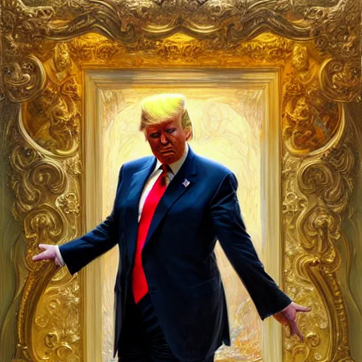 Image similar to highly detailed full portrait of donald trump, art by donato giancola and ruan jia and carl larsson and magali villeneuve. trending on artstation, intricate details, energetic composition, golden ratio, concept art, illustration, elegant art