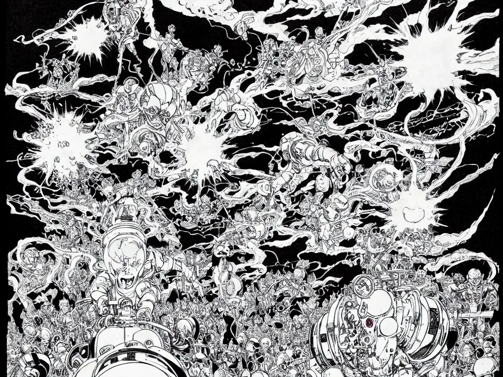 Prompt: prompt: Scene with the main Character white figure shape in center drawn by Katsuhiro Otomo, epic scenery with character in the center, on the sides alchemical artifacts and mysterious entities attributes and trinkets, clean ink detailed line drawing, intricate detail, manga 1990