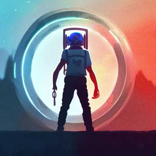 Prompt: in the style of max prentis and deathburger and laurie greasley a close up of a young explorer wearing a cyberpunk headpiece who is standing in front of a large circular ancient glowing portal, highly detailed, 8k wallpaper