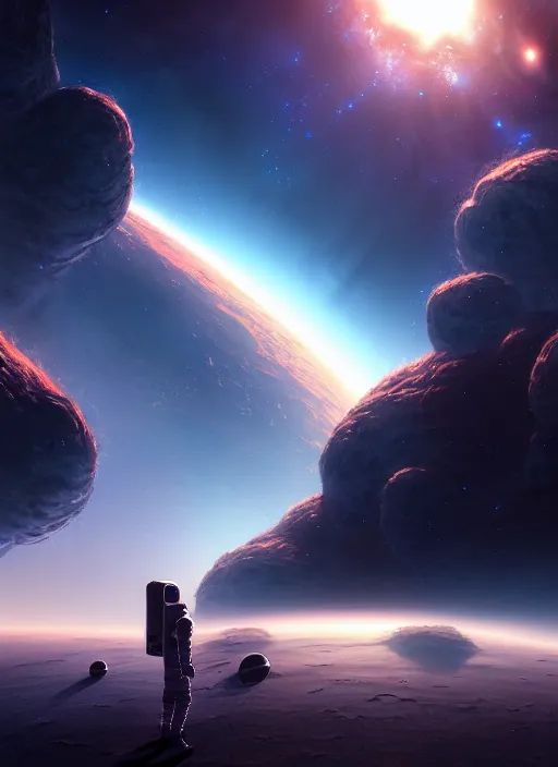 Image similar to astronaut cosmonaut discovery of new worlds of galaxies panorama, fantasy portal to far universe. astronaut space exploration, gateway to another universe, cinematic view, epic sky, detailed, concept art, low angle, high detail, warm lighting, volumetric, godrays, vivid, beautiful, trending on artstation, by jordan grimmer, huge scene, art greg rutkowski