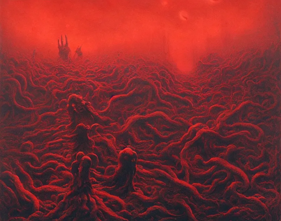 Image similar to A nightmarish hellscape full of cosmic horrors and indescribable phenomena, by Zdzisław Beksiński and Greg Rutkowski, horror, blood red, cinematic, highly detailed, 8k