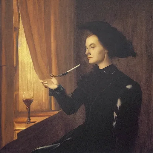 Prompt: a woman smoking a cigarette in a dark room, a portrait by nicholas hilliard, screenshot by martin scorsese, photorealistic painting by jerry weiss, aestheticism, goth, dark and mysterious, filmic, a photorealistic painting by jerry weiss, shutterstock tumblr contest winner, naturalism, behance hd, shutterstock contest winner