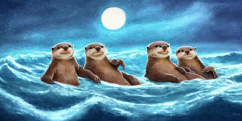 Prompt: A pair of adorable otters falling in love holding hands side by side, all alone in the middle of a huge storm at sea, fantasy illustration, cinematic, dreamlike, Award winning, romance, detailed trending on art station masterpiece