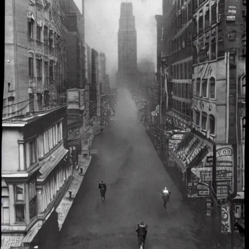 Image similar to old black and white photo, 1 9 1 3, depicting batman from dark knight running through the bustling streets of new york city, rule of thirds, three - point perspective, historical record