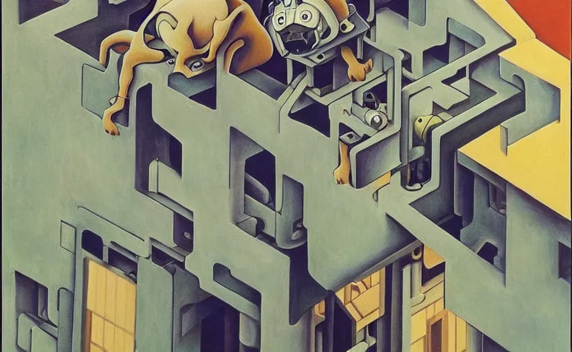 Prompt: beautiful painting from the anime film by studio ghibli, floppy eared dog devouring a robot, happy, MC Escher inspired by Salvador Dali-H 1024