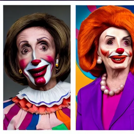 Image similar to Nancy Pelosi as a clown with a clown wig, clown nose and clown makeup whiteface, highly-detailed realistic