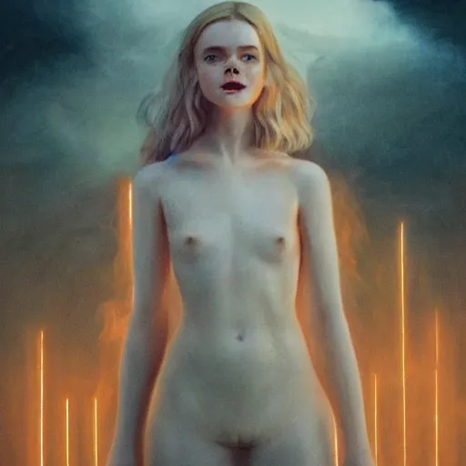 Image similar to Elle Fanning engulfed in flame in a field in the world of Adam Wyeth, head and shoulders portrait, stormy weather, extremely detailed masterpiece, oil on canvas, low-key neon lighting, artstation, Blade Runner 2049, Roger Deakin’s cinematography, by J. C. Leyendecker and Peter Paul Rubens and Edward Hopper and Michael Sowa,