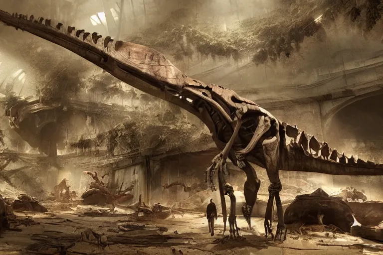 Prompt: abandoned dinosaur museum, gigantic dinosaur skeletons, cinematic, craig mullins, 8 k