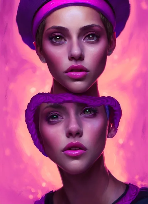 Image similar to portrait of vanessa morgan with bright pink hair, curly pixie cut hair, wearing a purple breton cap, breton cap, hoop earrings, intricate, elegant, glowing lights, highly detailed, digital painting, artstation, concept art, smooth, sharp focus, illustration, art by wlop, mars ravelo and greg rutkowski