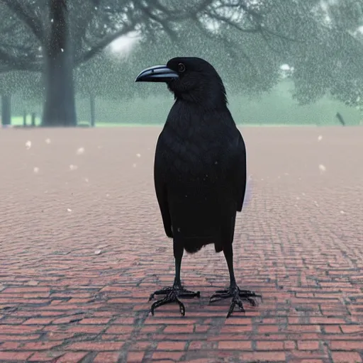 Image similar to a friendly crow in a park in a rainy day, digital painting, ultra detailed, unreal engine 5,