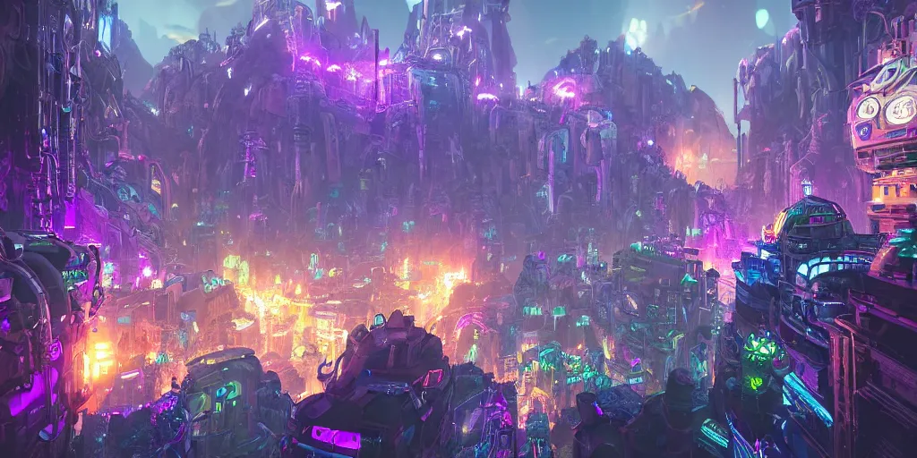 Image similar to overcrowded sci - fi steampunk and neonpunk mechanical fluorescent mystical city in a mountain landscape with monsters, night, realism in style of fornite game, 4 k, octane render, award winning photograph, epic cinematic shot, perfectly defined features, ambient occlusion