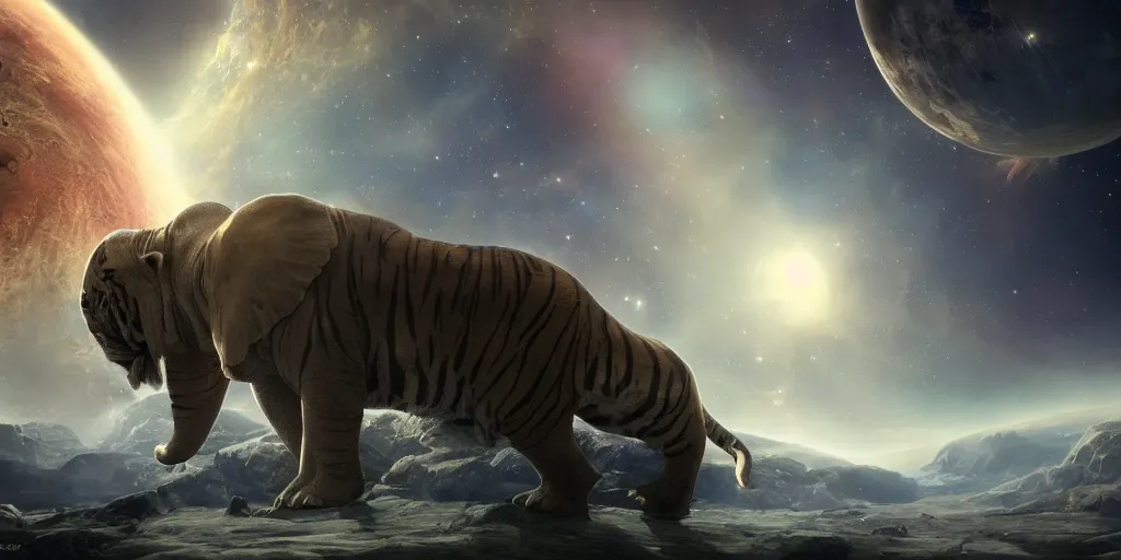 Image similar to planet - sized tiger elephant in space, next to the sun and stars, cosmic, very wide shot, epic composition, hyper detailed, digital art, trending in artstation, cinematic lighting, studio quality, unreal engine 5 rendered, art style by klimt and nixeu and ian sprigger and wlop and krenz cushart