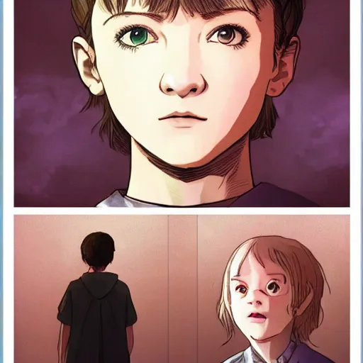 Image similar to portrait of Eleven from Stranger things by Makoto Shinkai and Yoshitaka Amano , character,anime,scene!! , Messy , dark