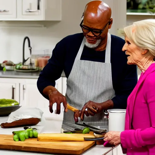 Prompt: Samuel L Jackson and Mary Berry cooking together