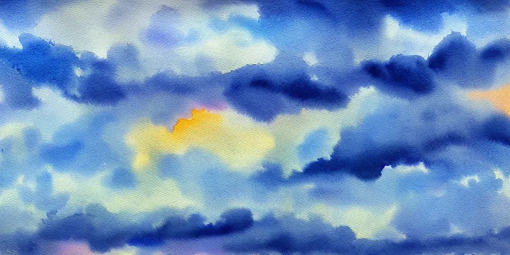 Image similar to beautiful cloudy sky, watercolor painting, immersive, dreamy, blueish, uhd, 8 k, art