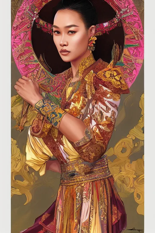 Image similar to portrait of a beautiful indonesian supermodels wearing traditional costume, highly detailed, digital painting, artstation, concept art, sharp focus, illustration, art by kittichai rueangchaichan and james gurney and alphonse mucha