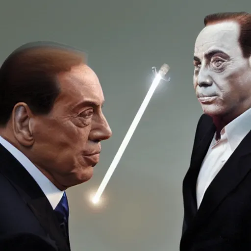 Image similar to silvio berlusconi as homelander ( the boys ) projecting laser from his eye