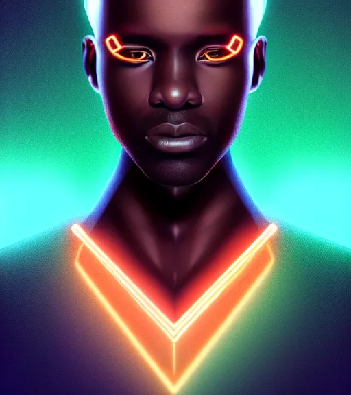 Image similar to symmetry!! african prince of technology, solid cube of light, hard edges, product render retro - futuristic poster scifi, lasers and neon circuits, dark skin man african prince, intricate, elegant, highly detailed, digital painting, artstation, concept art, smooth, sharp focus, illustration, dreamlike, art by artgerm