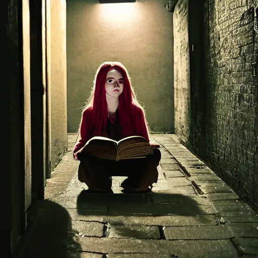 Image similar to luna lovegood sitting in a dark alley reading a book in a hyper realistic shot, low light