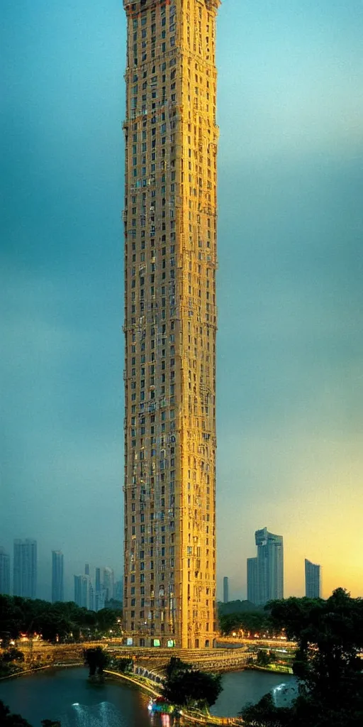 Prompt: kodak portra 4 0 0 photo of detailed tower of guangzhou, with waterfalls and river, diffuse lighting, ultra detailed, sharp, intricate, elegant golden hour, wide angle, 3 5 mm, sharp focus, soft light, volumetric light, trending on pinterest, in the style of gregory crewdson and thomas kinkade, masterpiece