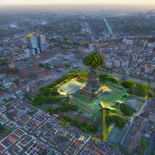 Image similar to hyper realistic 3 d rendering of the city of jogja via google earth rendered with the unreal engine, the image is refined with uhd, yellow light, blue sky, and aerial landscapes, and also the beauty is like the real world