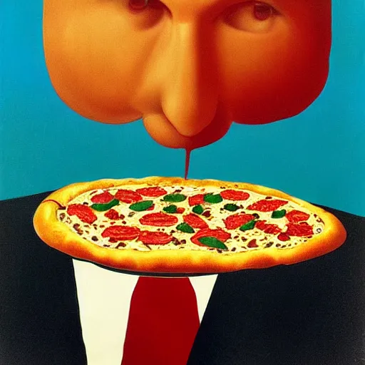 Image similar to painting of a man with a pizza for a head by Magritte