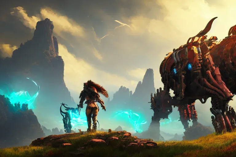 Image similar to grimhorn fanghorn machine mecanical creature robot of horizon forbidden west horizon zero dawn bioluminiscence global illumination ray tracing hdr fanart arstation by ian pesty and alena aenami artworks in 4 k