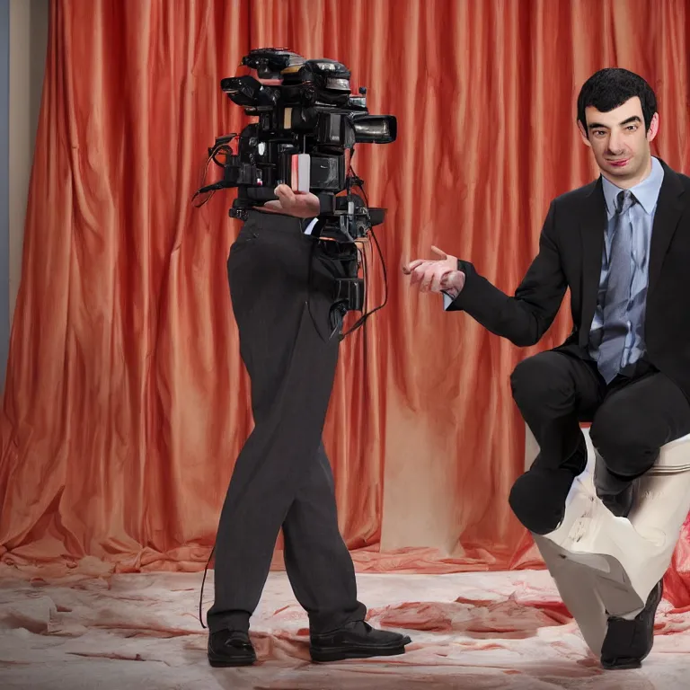 Prompt: focused dslr photograph of nathan fielder from nathan for you on comedy central controlling a puppet version of himself filmed by a tv crew on a stage with a red curtain, meta, fractal, trippy, high detail!!! 8 k, photorealism, sharp focus, volumetric lighting, coherent!!! art directed, rule of thirds, face