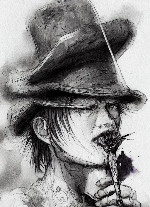 Prompt: portrait, the sadhatter, smoking a magical bong, watercolor, dramatic lighting, cinematic, establishing shot, extremely high detail, foto realistic, cinematic lighting, pen and ink, intricate line drawings, by Yoshitaka Amano, Ruan Jia, Kentaro Miura, Artgerm, post processed, concept art, artstation, matte painting, style by eddie mendoza, raphael lacoste, alex ross