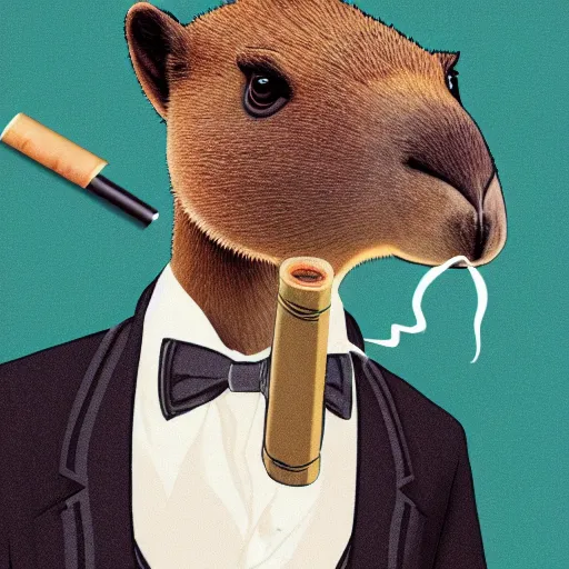 Image similar to a high detail photo of an antropomorphic capybara wearing a suit smoking a cigarrette, subject= duck, subject detail: wearing a suit, subject action: smoking a cigarrette photorealism