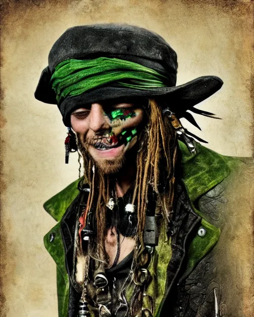 Prompt: an intimate portrait of a gnarly human cyberpunk pirate, old skin, faded hat, crooked teeth, green eyes, a look of menace, detailed matte fantasy painting